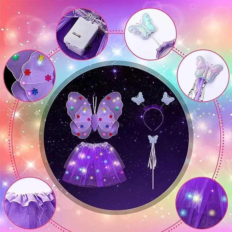 LED Glow Butterfly Wing Luminous Flashing Skirt Lights Princess Dress