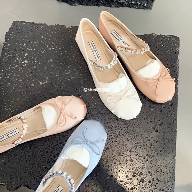 Flats Shoes for Women New Summer Spring Super Soft Diamond Round Toe Silk Ballet Shoes Flat Bottom Mary Jane Shoes Girl Shoes Zpaxo
