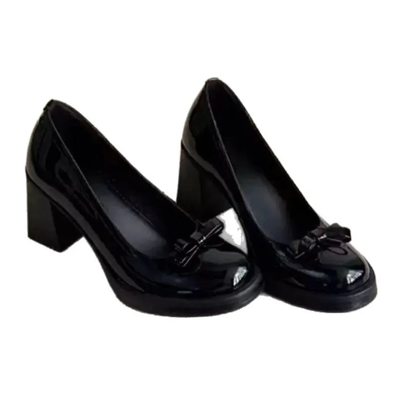 Vintage Bow Shallow Single Shoes Women Slip-On High Heels Block Heel Versatile Commuter Mary Jane Shoes Zpaxo