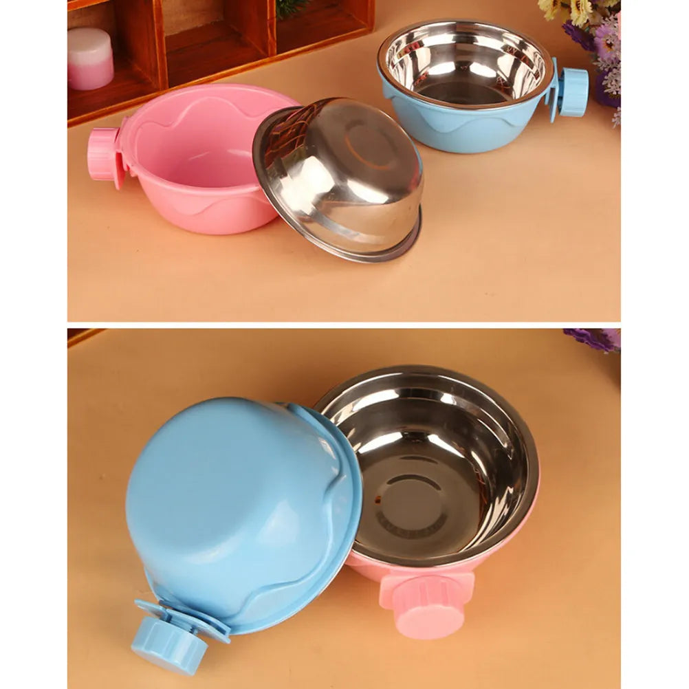 Pet Hanging Bowl Stainless Steel Pink Detachable Dog Cat Cage Food