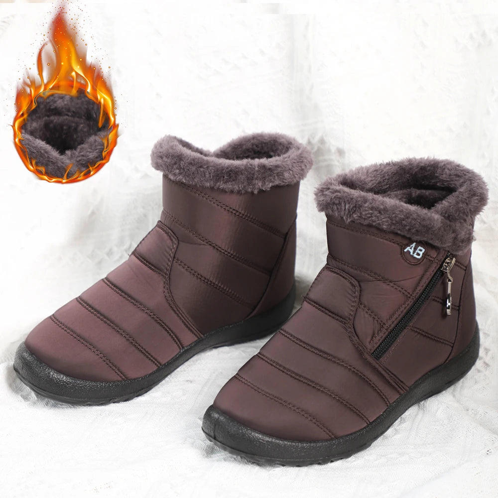 Winter Women Boots Waterproof Snow Casual Flat Shoes Warm Fur Female Zpaxo Brown 35