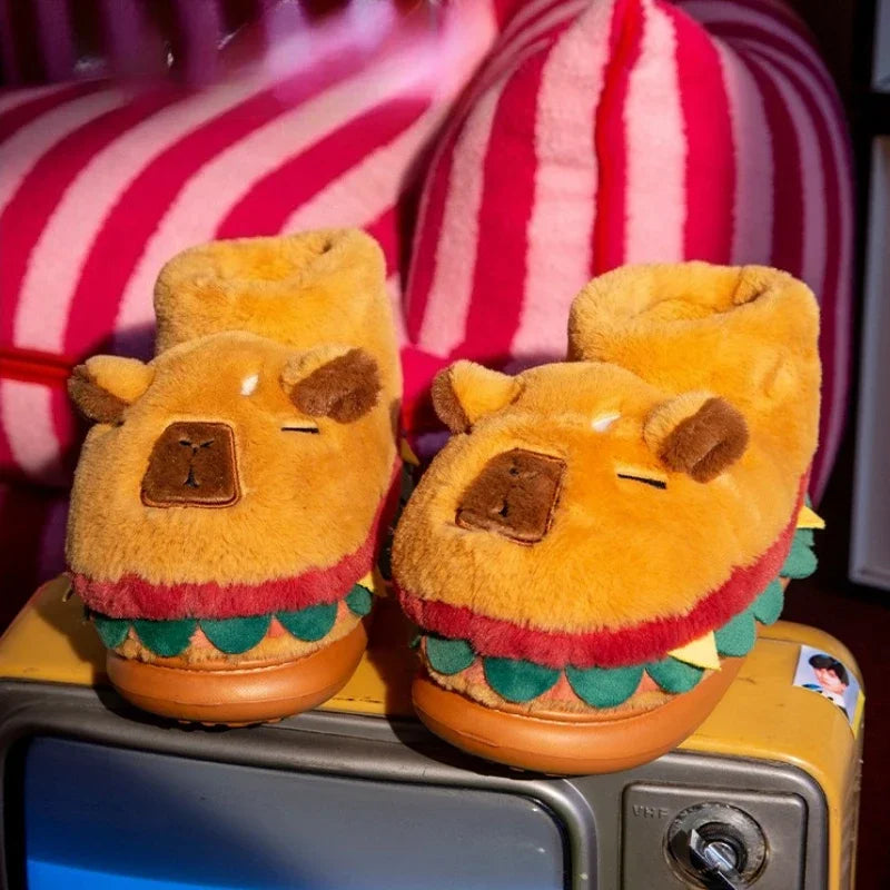 Cute Hamburger Fluffy Slippers Women Men High-top Winter Warm House