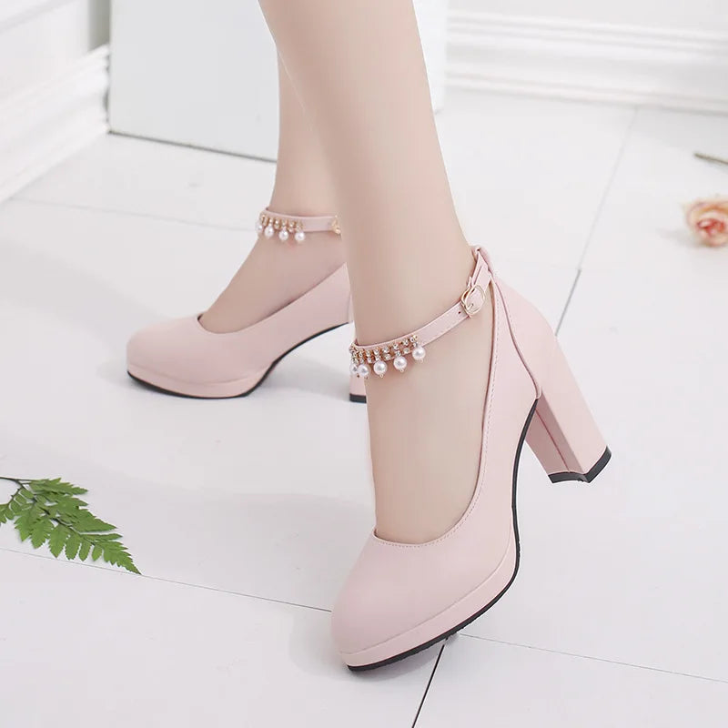 Women's Wedding Shoes String Bead Ankle Strap Elegant Middle Heel Zpaxo