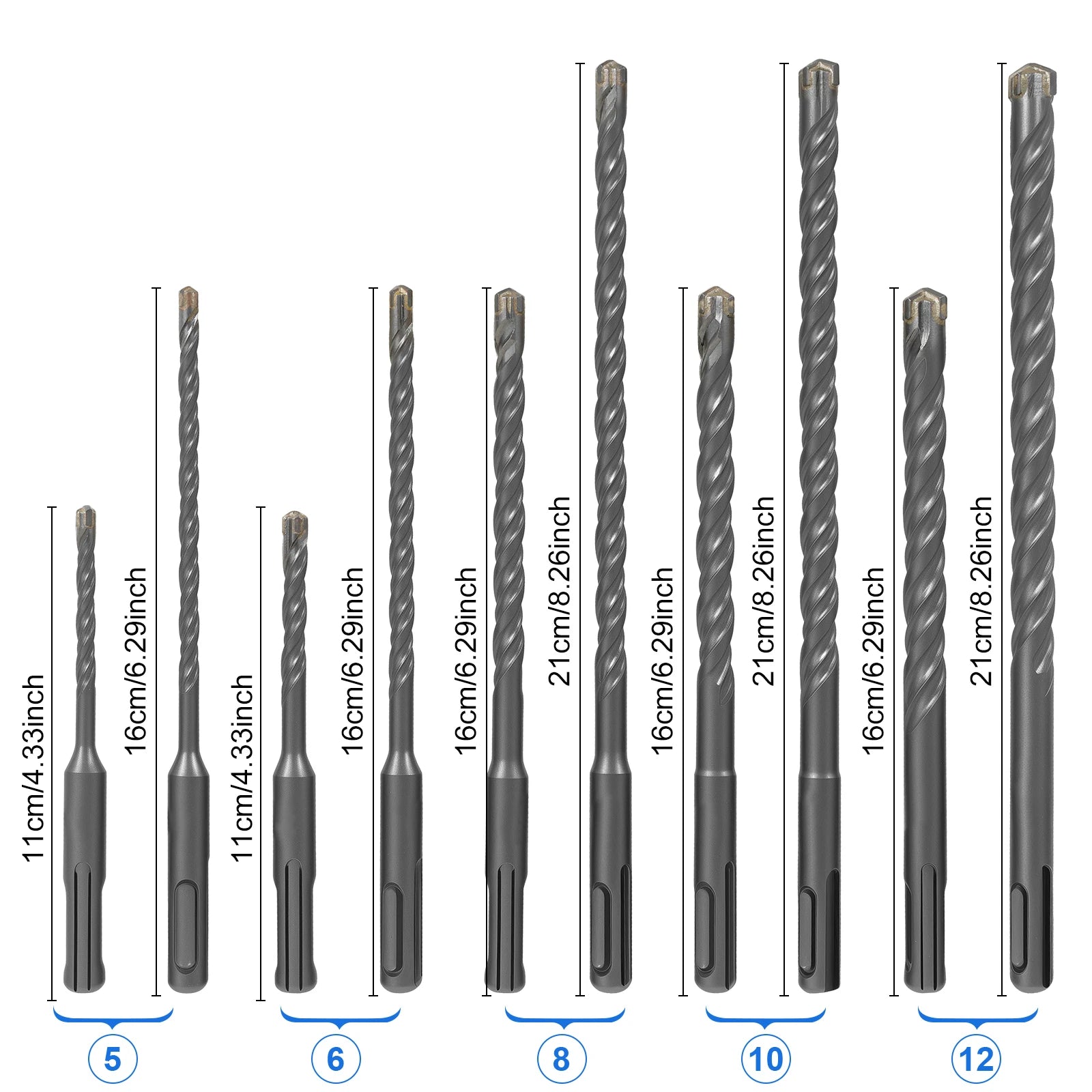10Pcs SDS Plus Hammer Impact Drill Bit Set 5mm to 12mm Carbide Rotary Hammer Drill Bits Easy to Use for Stone Concrete Granite Zpaxo Silver combination