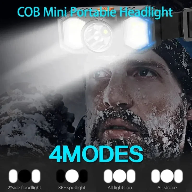 COB LED Headlamp USB Rechargeable Waterproof 3-Mode Torch