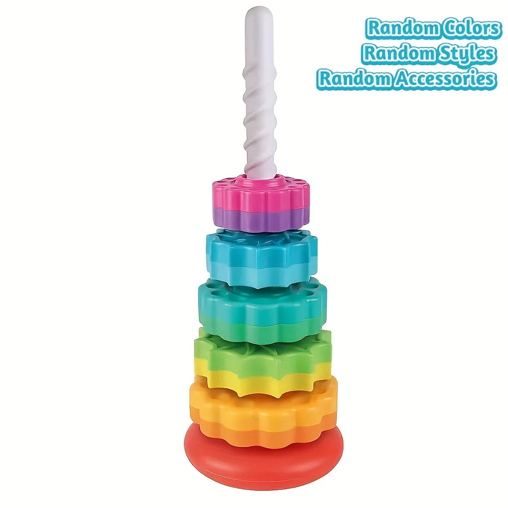 Rotating Rainbow Tower Stack Unstack Puzzle Toy 6 Colorful Levels