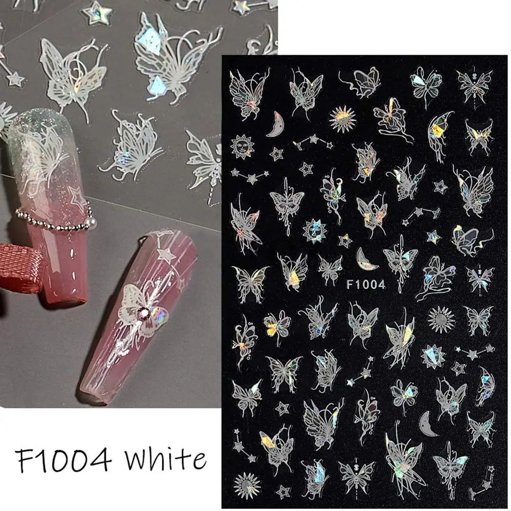 Butterfly Laser Nail Stickers Holographic Glitter Shining Adhesive Slider DIY 3D Nail Art Decal Decoration Zpaxo F1004-White