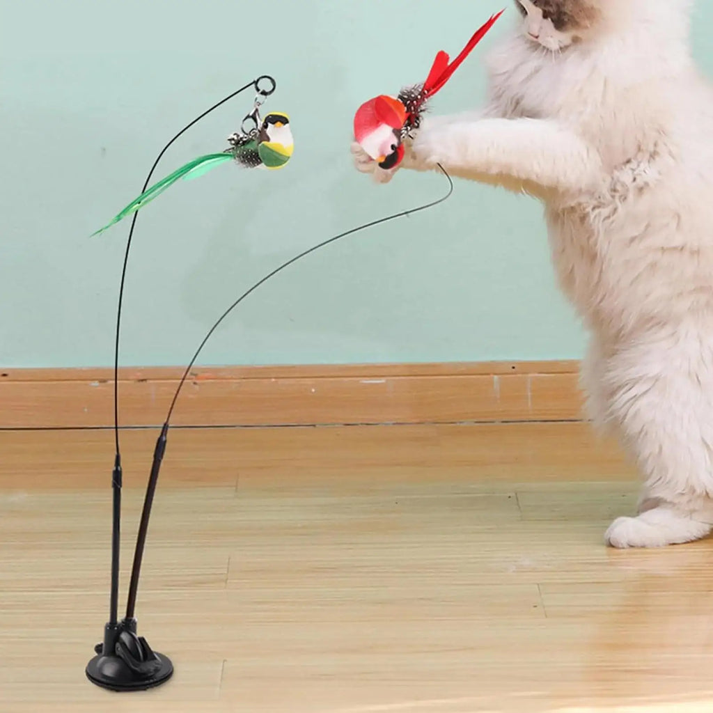 Cat Teaser Toy Stick Removable Suction Double Simulated Chirping Bird