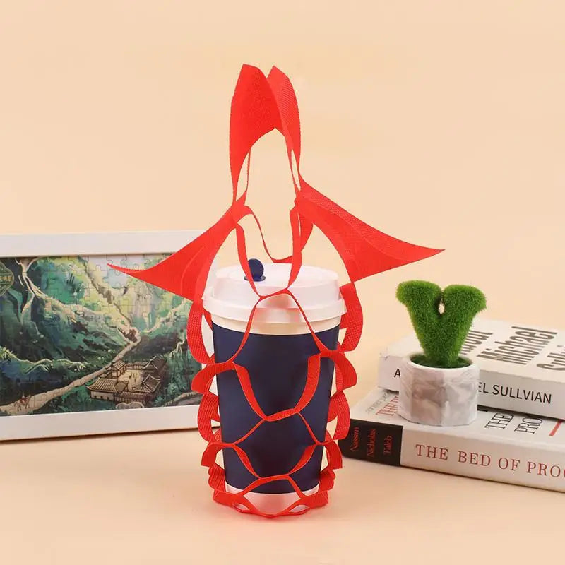 Reusable Beverage Carrier Non Woven Water Cup Tote Decorative Milk Tea Drink Bag for School Picnic and Shops Zpaxo Red