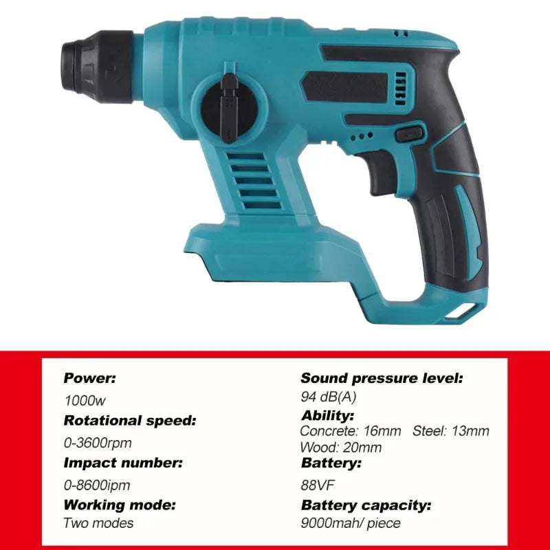 1000W 3600rpm Cordless Electric Rotary Hammer Rechargeable 8600ipm