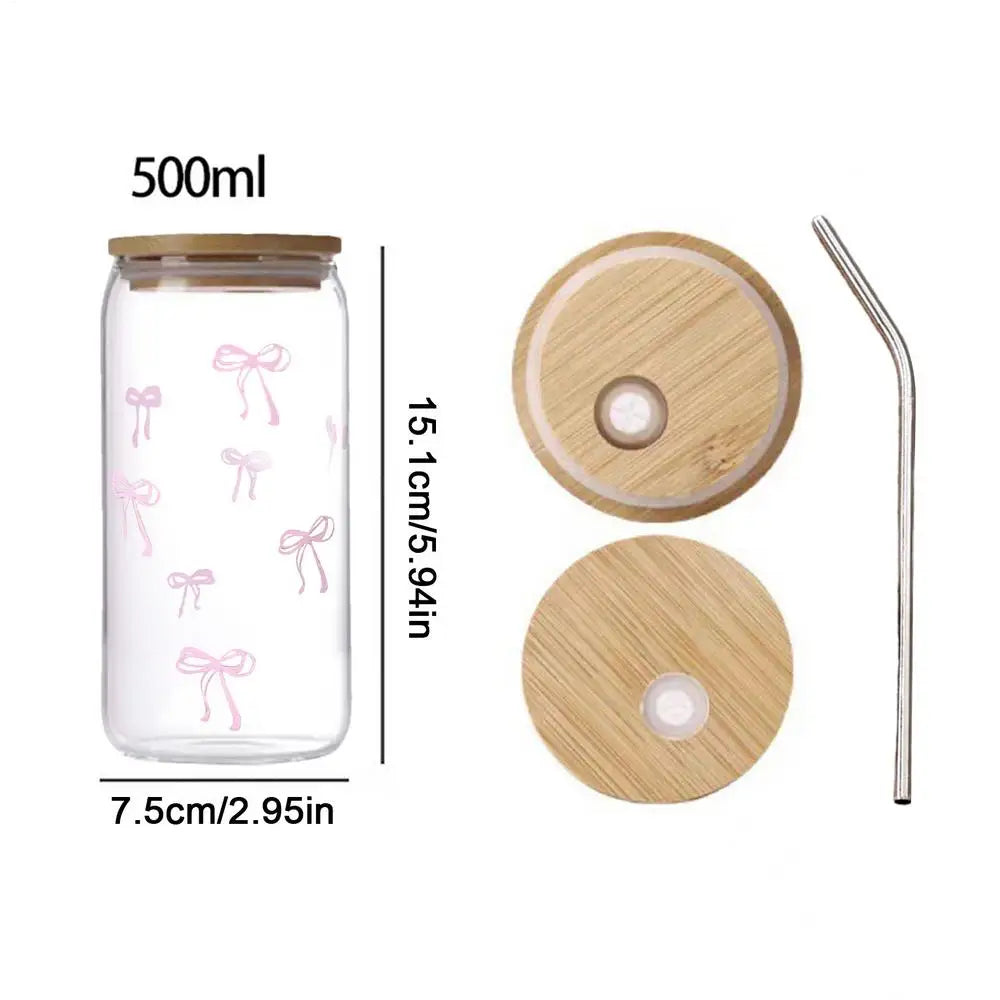 Pink Bow Pattern Glass Cup Lid Straw Cute Coffee Drinking Glasses
