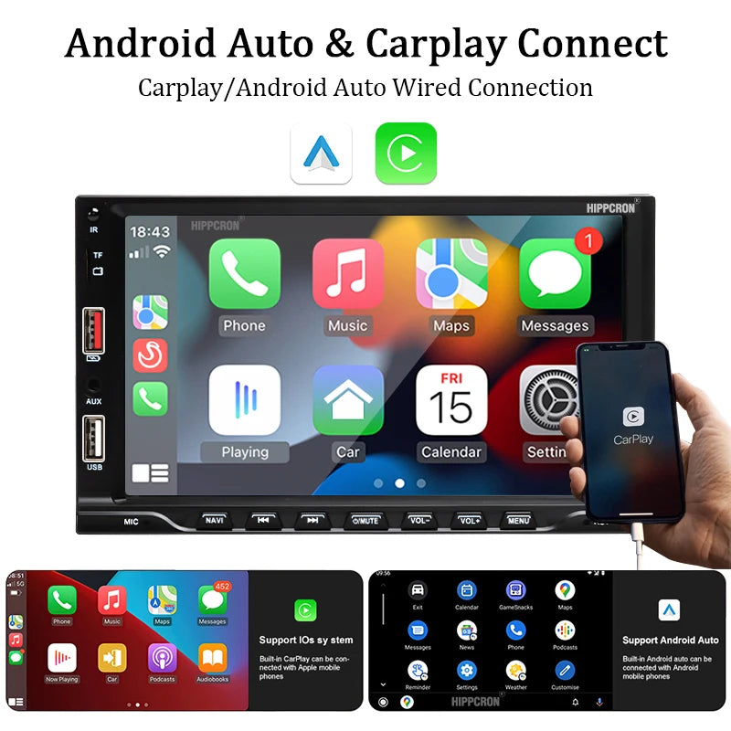 HIPPCRON 7-inch Car MP5 Player Wired Carplay Android Auto FM Radio HD