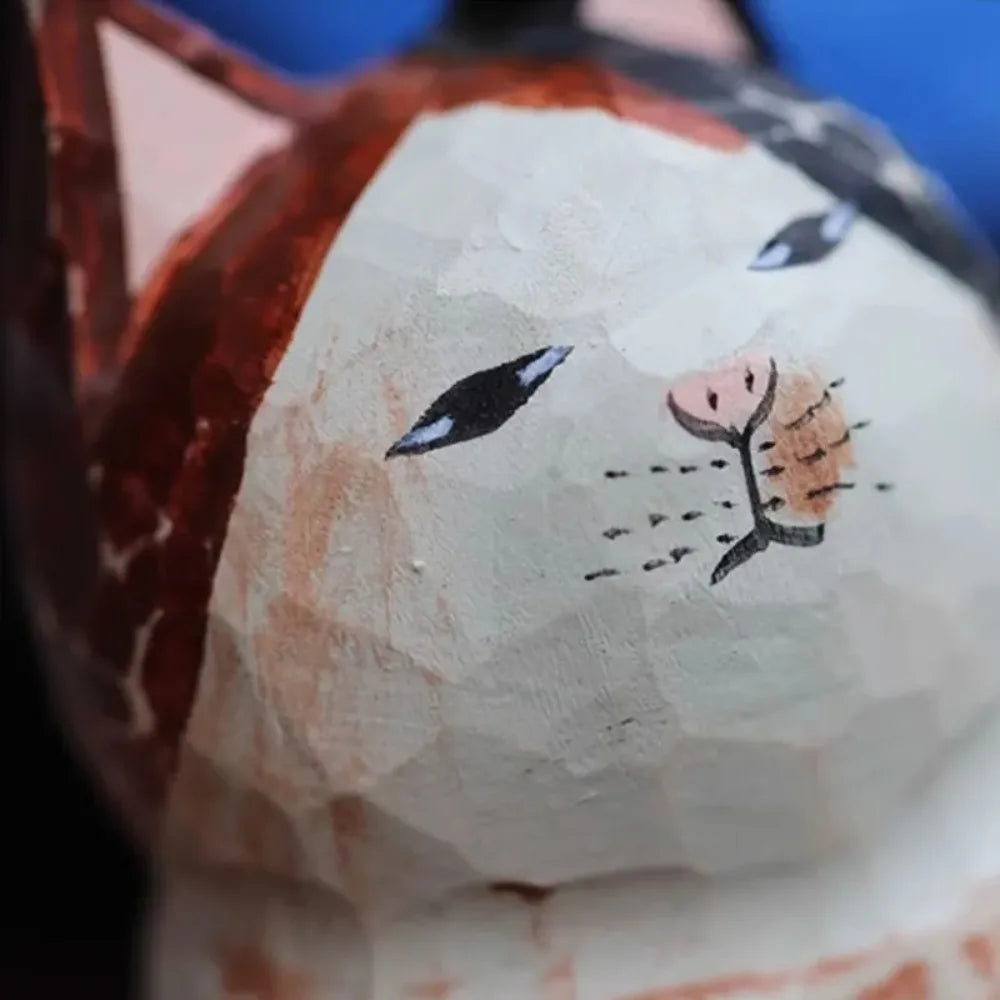 Cute Wood Carving Cat Ornament Small Simple Painted Cartoon Sculpture Zpaxo