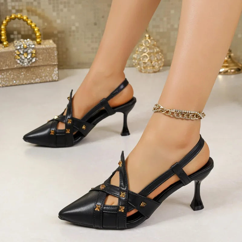 Sandals Women's Slingbacks Rivet Thin Heels Female Shoes Pointed Toes Zpaxo