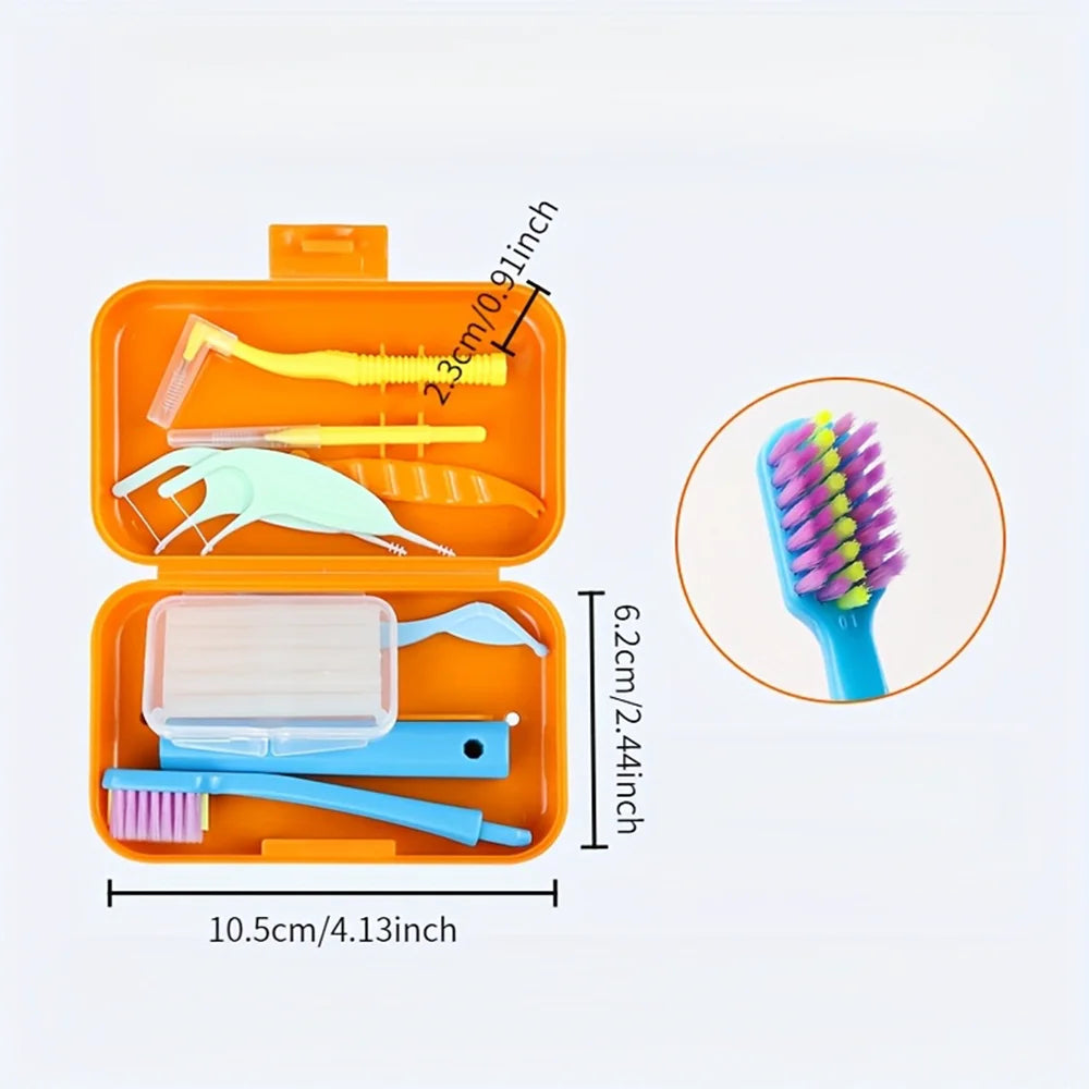 Travel Portable Orthodontic Oral Dental Cleaning Kit Foldable Toothbrush Orthodontic Wax Interdental Brush Oral Cleaning Care Zpaxo Orange