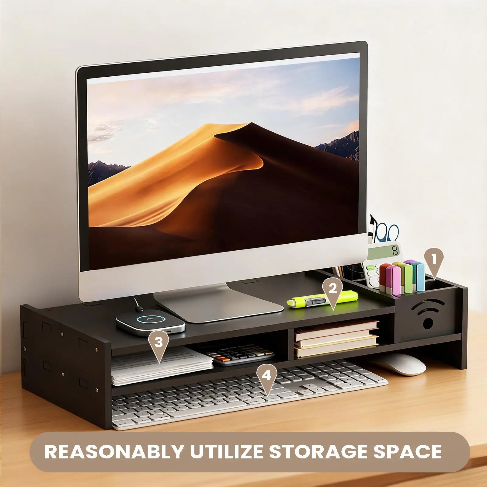 Desk Monitor Stand 2-Tier Ergonomic Shelf Height Riser Storage