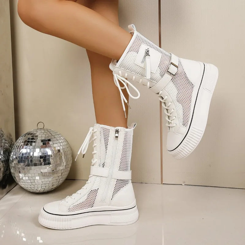 Women's Round Closed Toe Mesh Fabric Breathable Solid Mid Heel Zpaxo