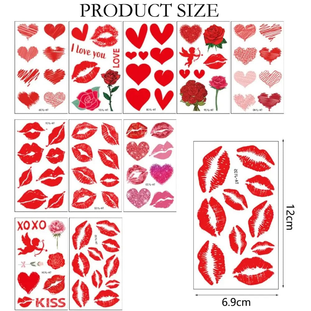 Valentine's Day Temporary Tattoo Stickers Lips Kiss Heart Waterproof Zpaxo