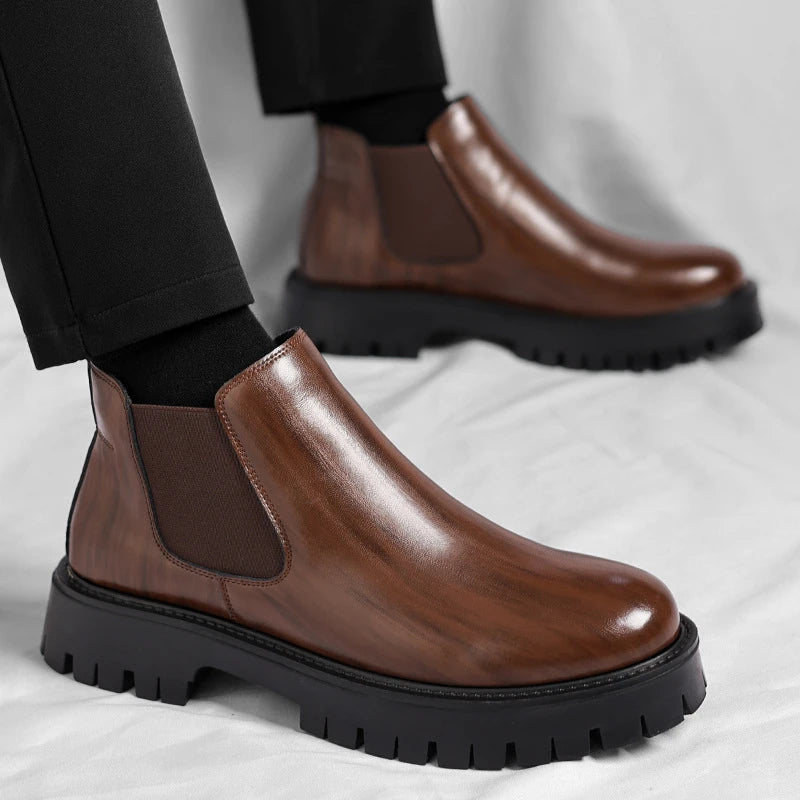 Mens Black Glossy Leather Chelsea Boots Elastic Gores Slip Chunky Zpaxo