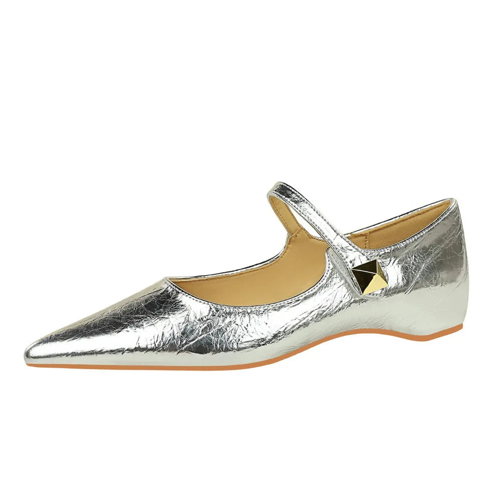 Flat Shoes for Women 2025 Spring Autumn New Pointed Toe Patent Leather Women's Shoes Willow Nail Metal Ladies Shoe zapatos mujer Zpaxo