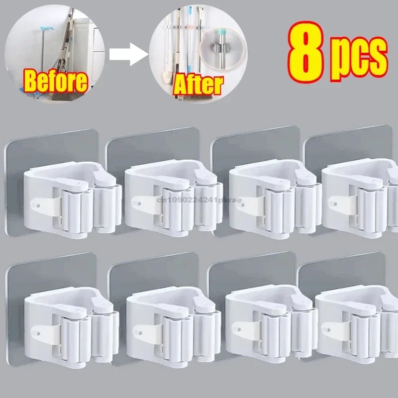 Household Bathroom Non Perforated Mop Holder, Broom Holder, and Card Holder Self-adhesive Mop Holder Kitchen Accessories Zpaxo 8pcs-White