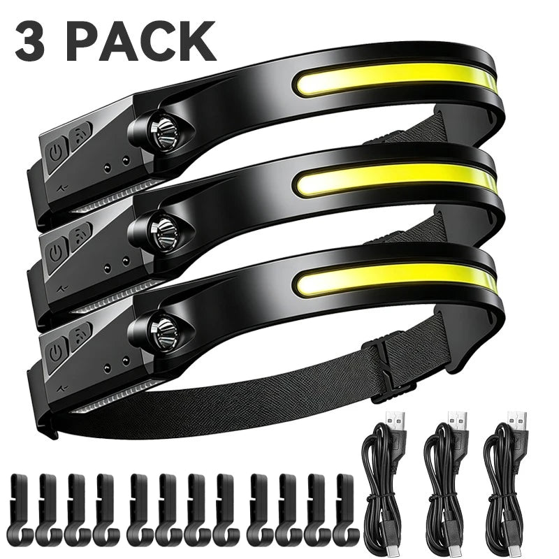 1 Headlamp USB Rechargeable LED Sensor Flashlight XPE+COB Torch Zpaxo 3 Pack