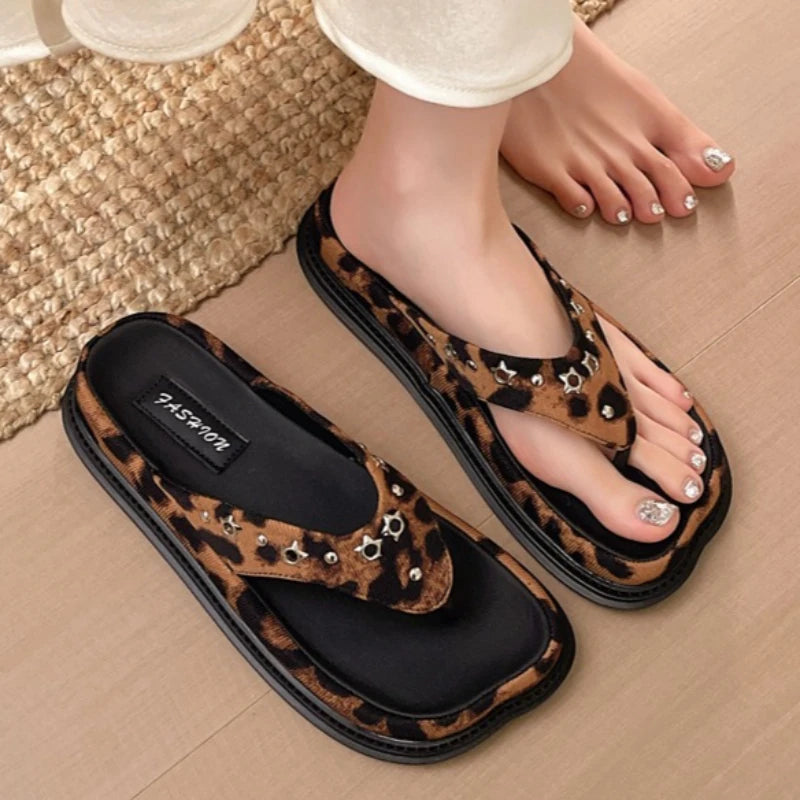 Women's Square Clip-toe Comfortable Vintage Mid Heel Slippers 2026 Zpaxo leopard print 36