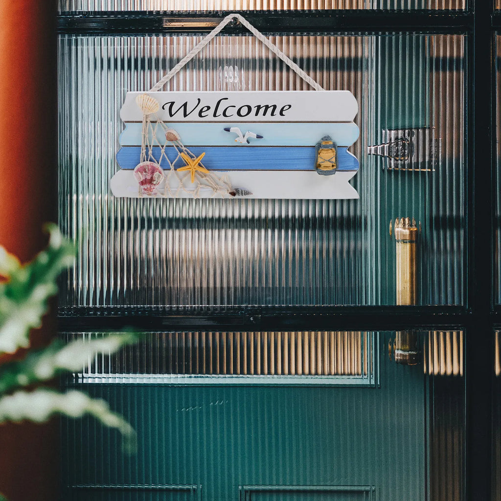Wooden Welcome Hanging Sign Hand-painted Blue Mediterranean Door