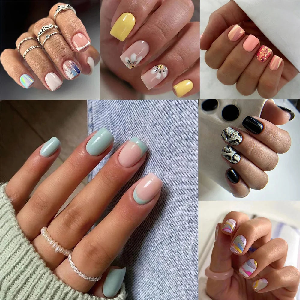24pcs Fake Nails Square Head French Nail Press on Nails Waterproof Faux Short Fingernails Zpaxo