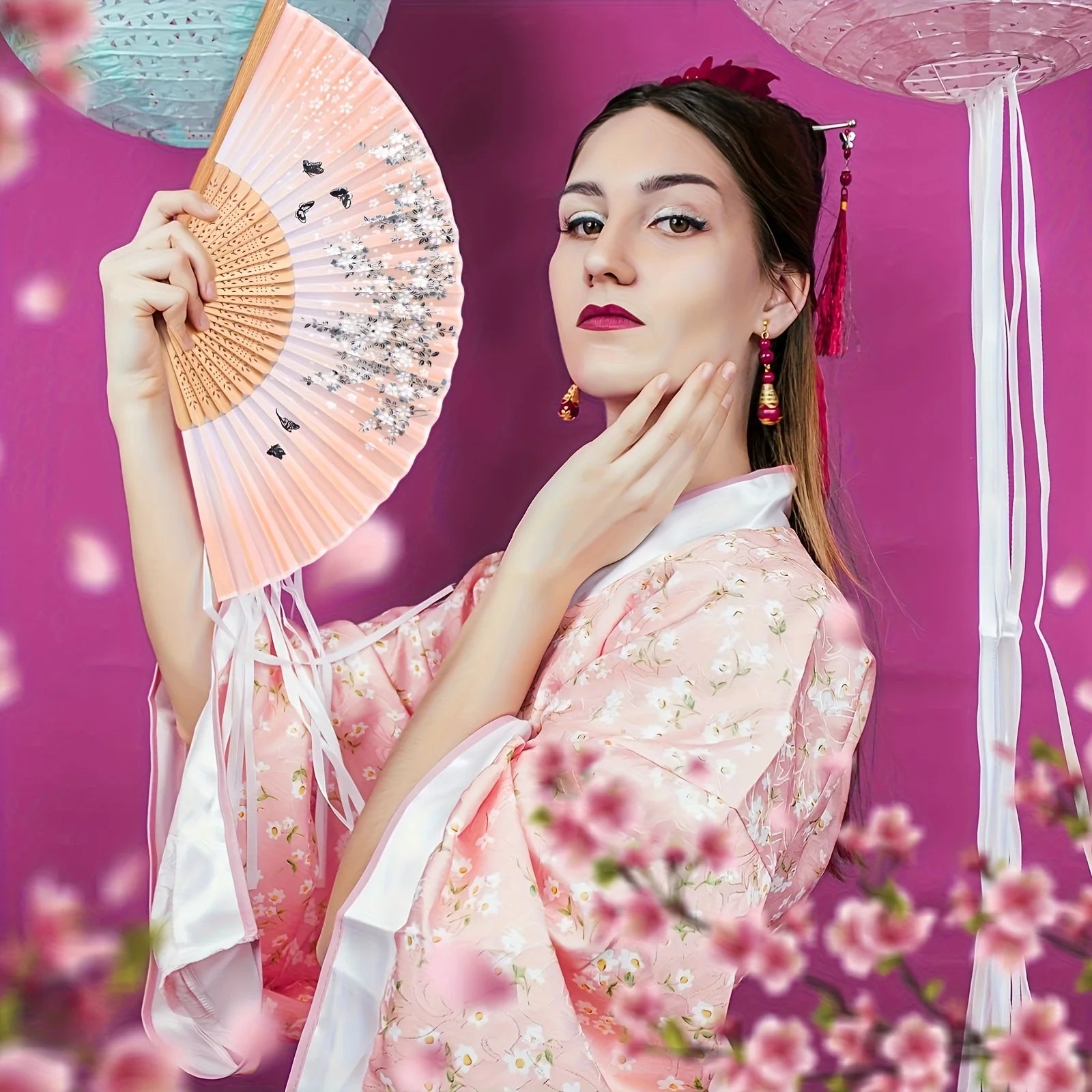 Elegant Bamboo Folding Hand Fan Tassel Traditional Chinese Japanese