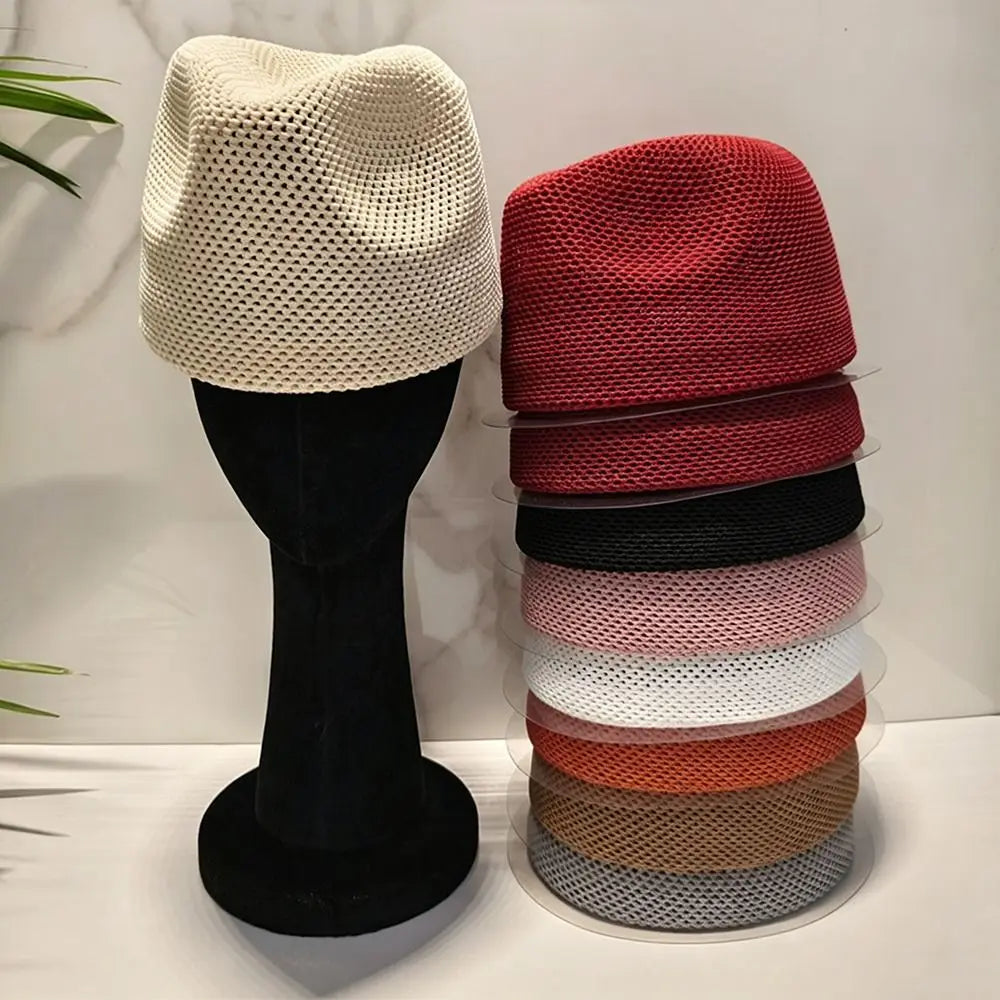 Breathable Mesh Knitted Pillbox Hat Lightweight Knit No Brim Design Mesh Panama Hat Multiple Colors Women Bucket Cap Zpaxo