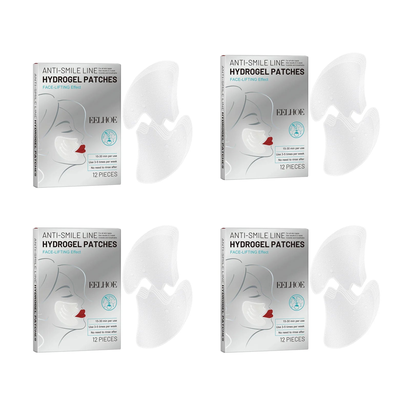 Eelhoe Smile Lines Patches – Nasolabial Fold Anti-Aging Mask Anti-Aging Face Patch Zpaxo 4 x 12Pcs Boxed