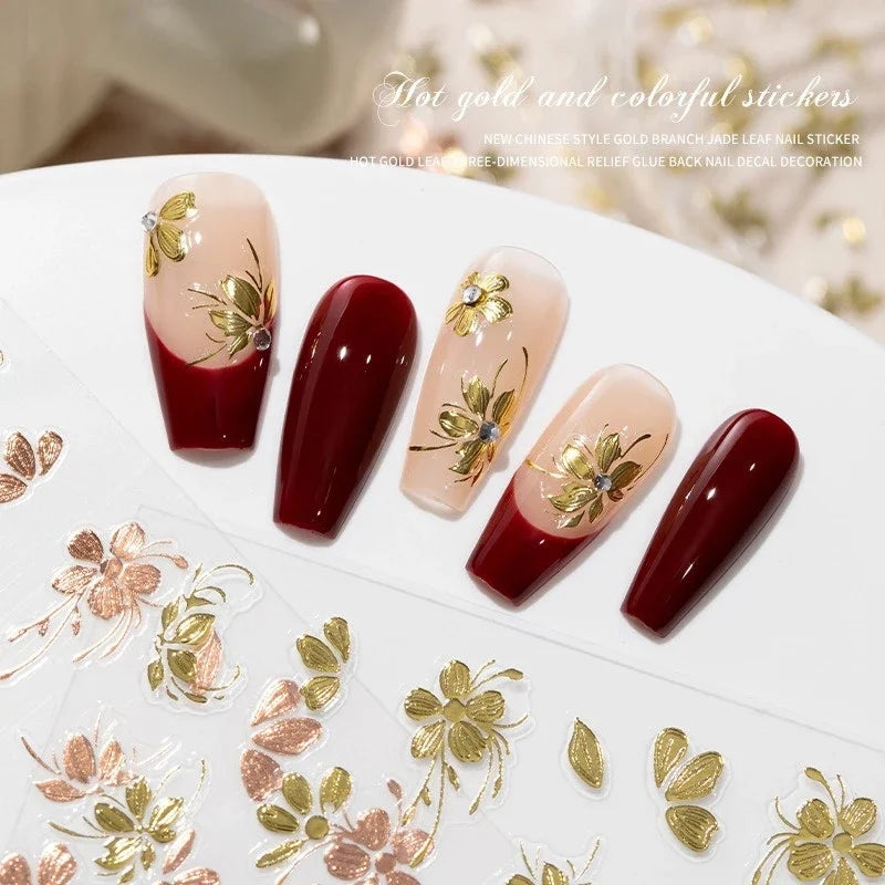1/4 Sheets 3D Rose Gold Flower Nail Art Stickers Ultra-thin Self-Adhesive High Quality New Gold DIY Decals Manicure Decoration Zpaxo