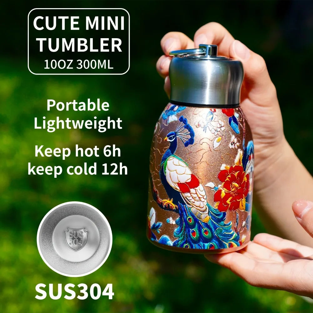 Stainless Steel Insulated Water Bottle Mini Vacuum Cup Vibrant Floral Zpaxo 201-300ml 1pc Golden Peacock