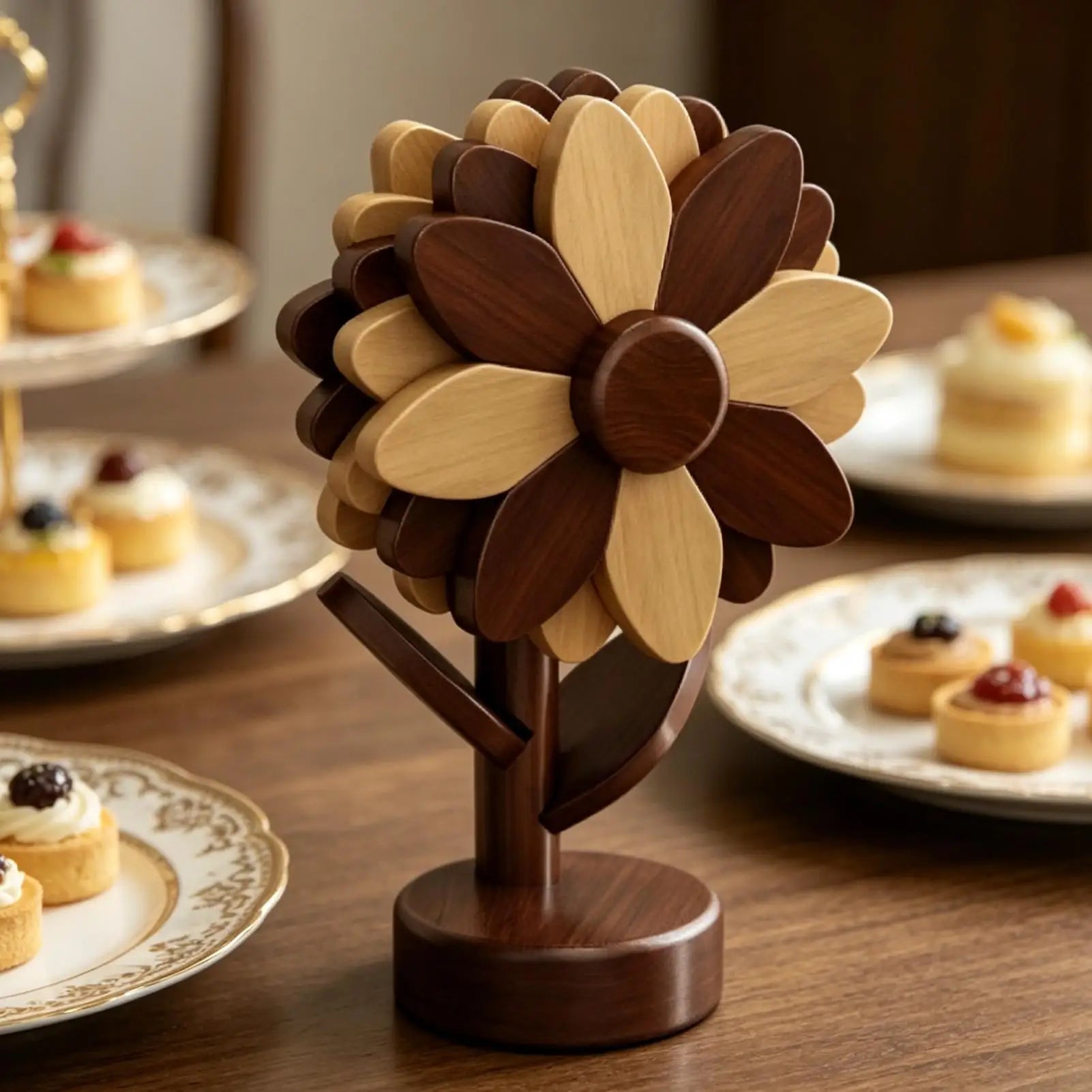 Wooden Trivets Foldable Decorative Sunflower Shaped Tabletop Protector Wooden Trivet Set for Counter Table Countertop Oven Zpaxo