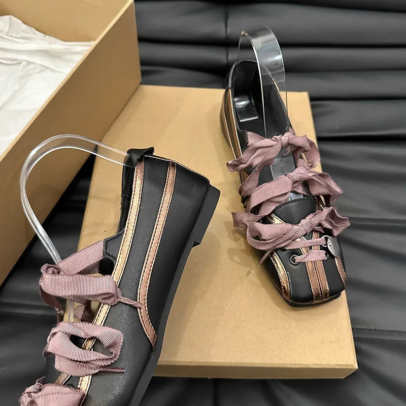 Mary Jane Ballet Flats Round Toe Low Heel Black Purple Lace-up Silver