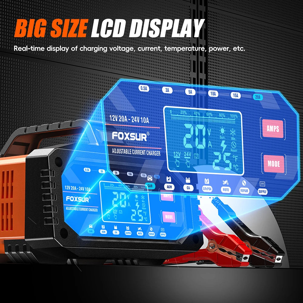 7 Stage Large Screen Digital Display Smart Battery Charger 12V 24V
