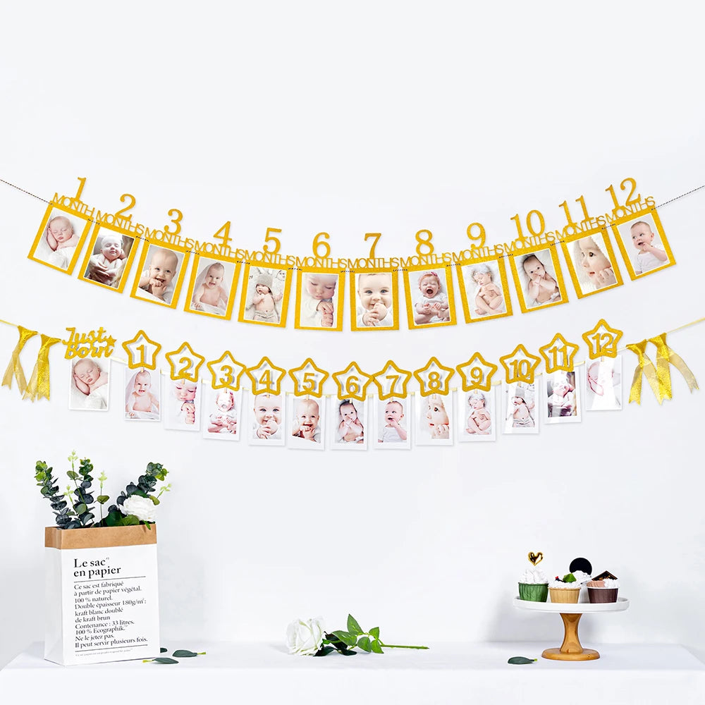 12 Months Photo Frame Banner First Happy Birthday Party Decorations