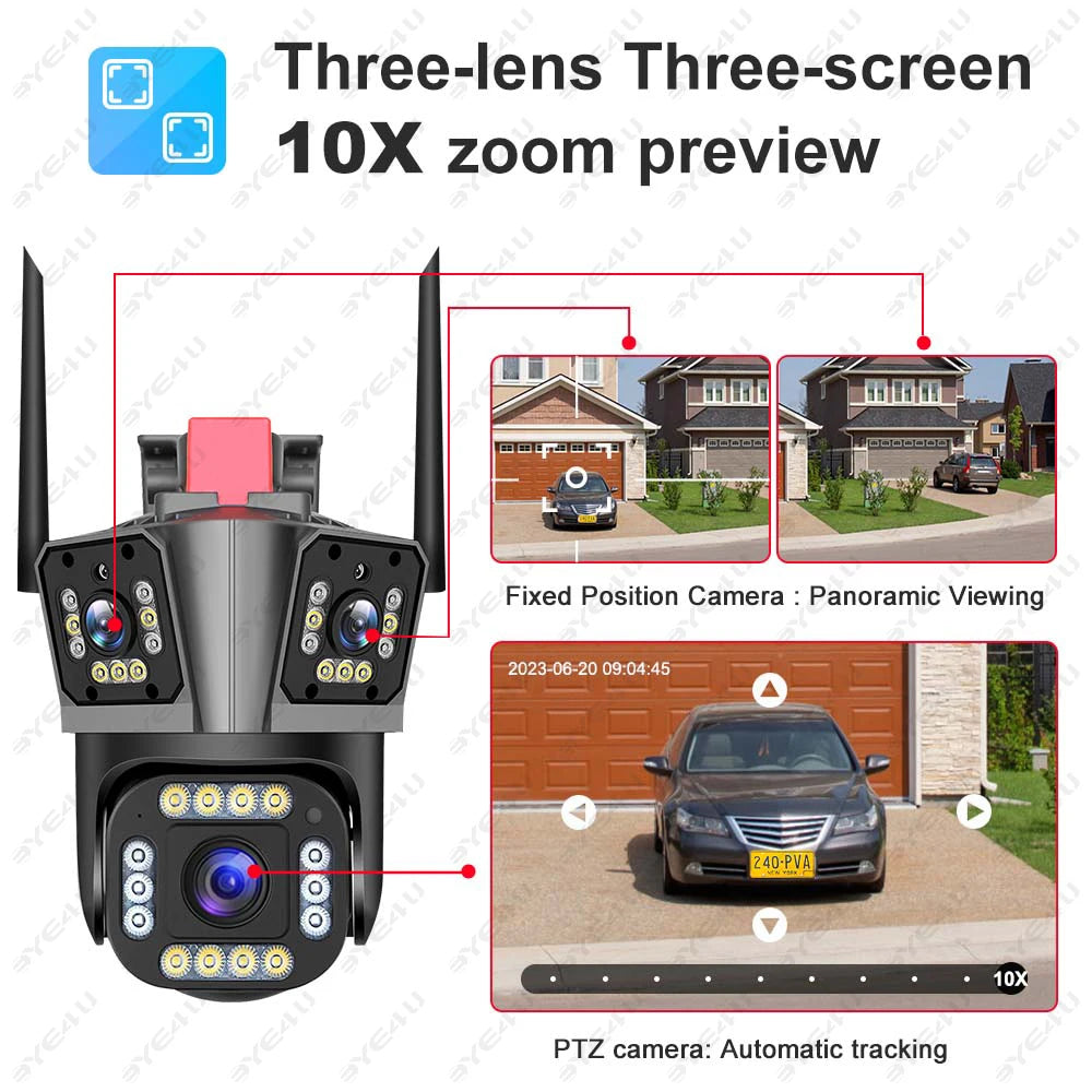 4K Dual Lens Camera Outdoor 10X Zoom PTZ 5K Triple Lens Security Cameras Auto Tracking 8K Four Lens Video Surveillance Webcam Zpaxo