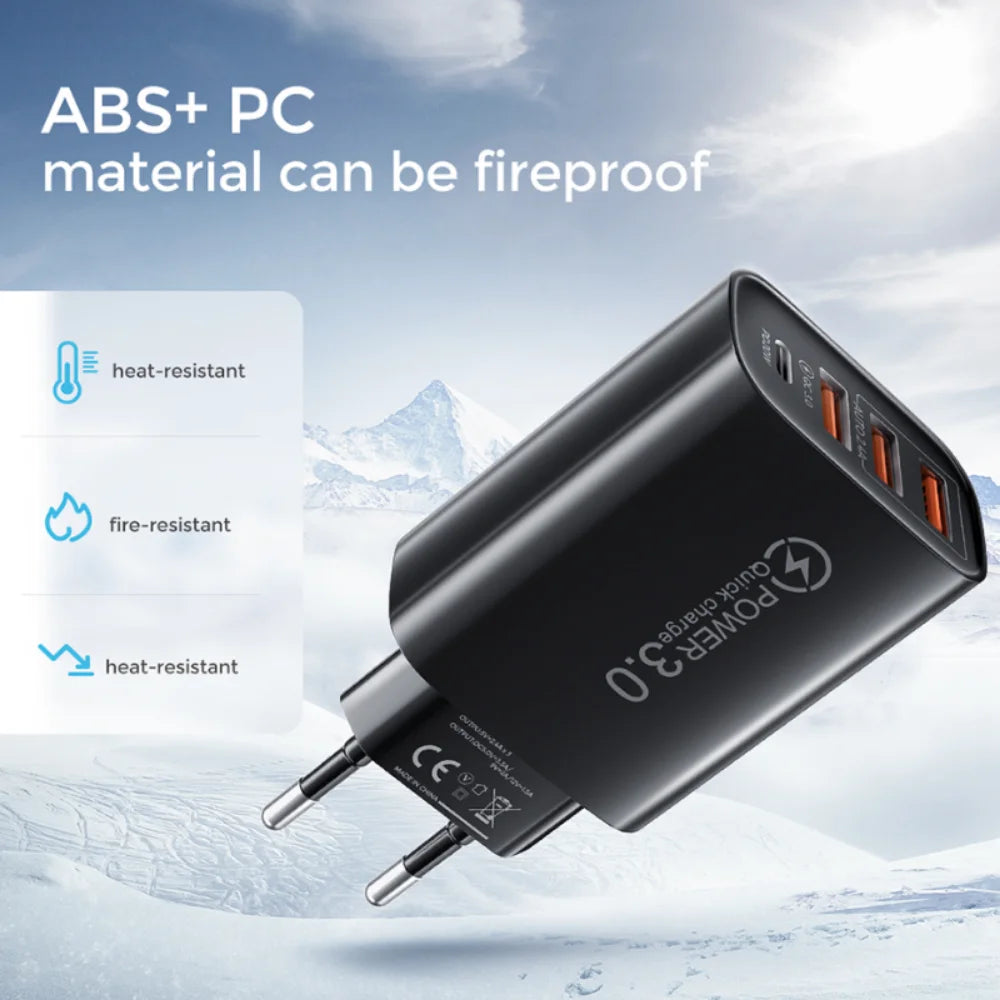 60W 4-Port USB Wall Charger – PD USB-C & Quick Charge 3.0 USB Wall Charger Zpaxo