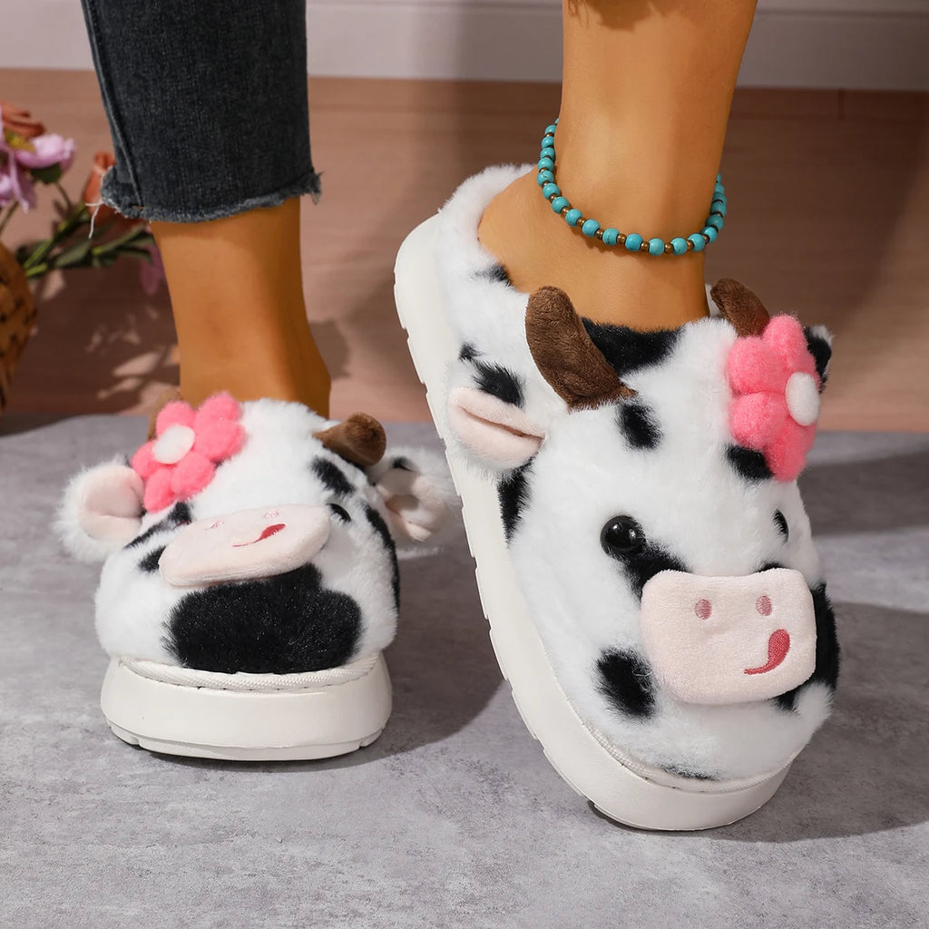 Fluffy Slippers Women Fashion Plush Flat Slippers 2025 New Platform Home Slides Women House Cartoon Cow Designer Women Shoes Zpaxo