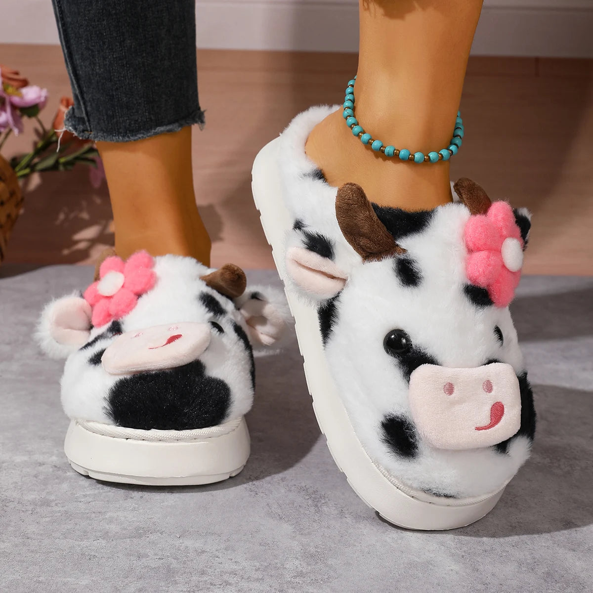 Fluffy Slippers Women Fashion Plush Flat Slippers 2025 New Platform Home Slides Women House Cartoon Cow Designer Women Shoes Zpaxo