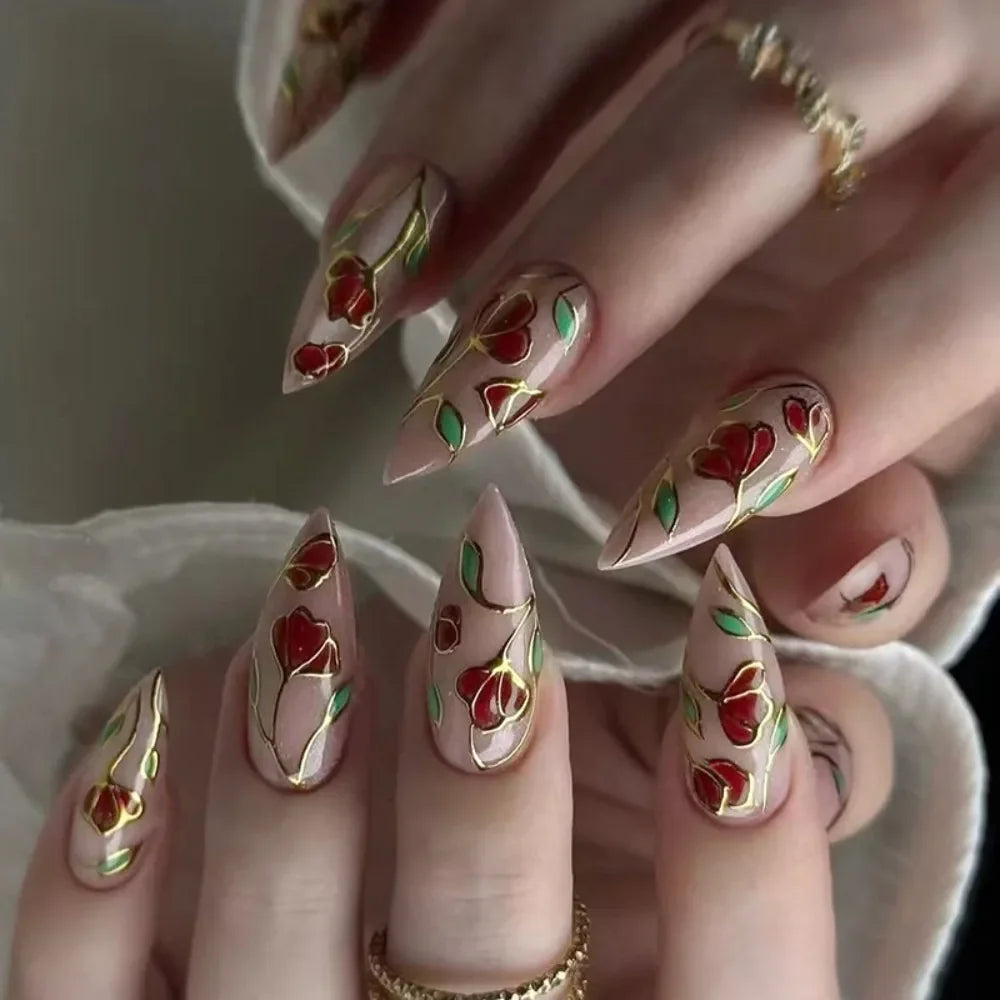 Long Almond False Nails French Leopard Star Press Fake DIY Manicure
