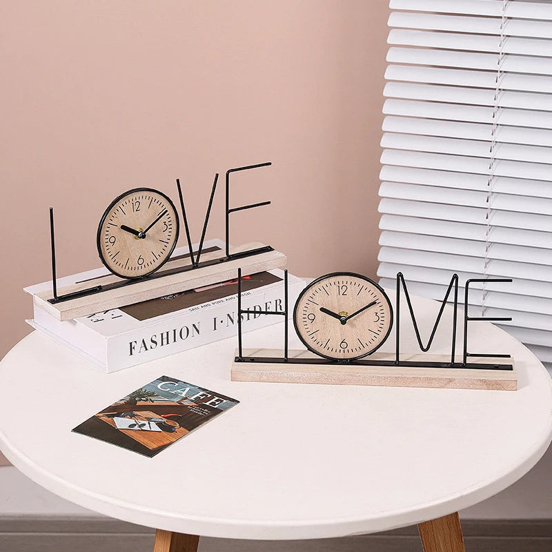 Nordic LOVE HOME Wrought Iron Wooden Table Clock Modern Letter Desk