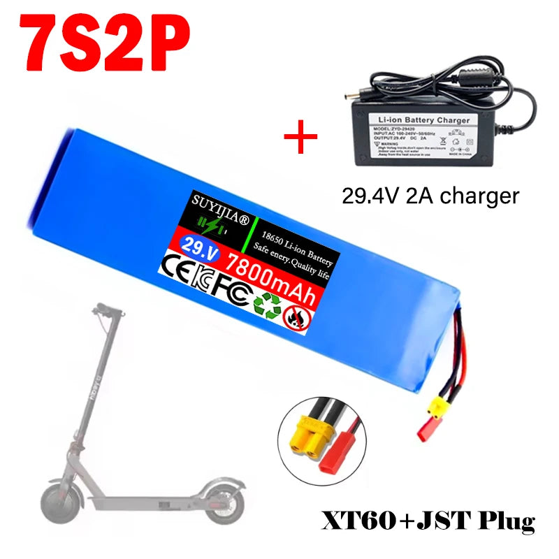 100% Original New Scooter Battery 7S2P 25.2V 7800mAh Lithium-ion Rechargeable Battery 18650 Battery Pack Lithium with Charger Zpaxo XT60-JST