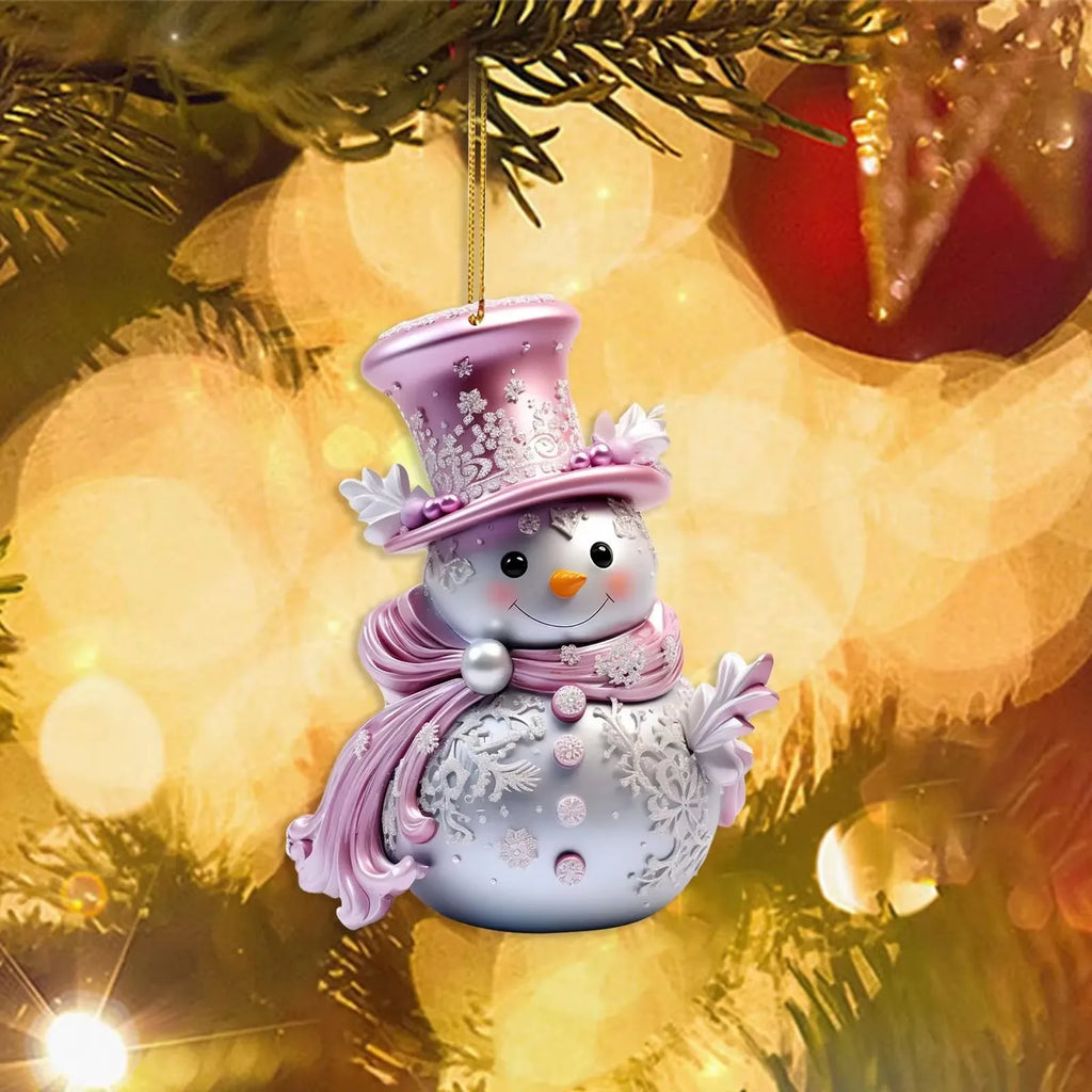 Pink Snowman Acrylic Christmas Ornament – 8cm Tree Pendant