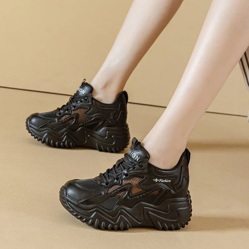 White Mesh Leather Chunky Dad Sneakers Women Lace Up Design Round Toe Zpaxo