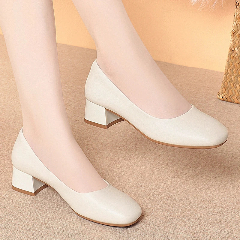 Square Toe Black Leather Shoes Thick Heel Work Women Soft Sole Zpaxo