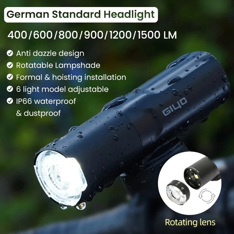 Bicycle Light 800-1500LM Front Lighting German Standard Headlamp Rotatable Lens USB Charge IP66 Waterproof Anti-Glare Bike Light Zpaxo