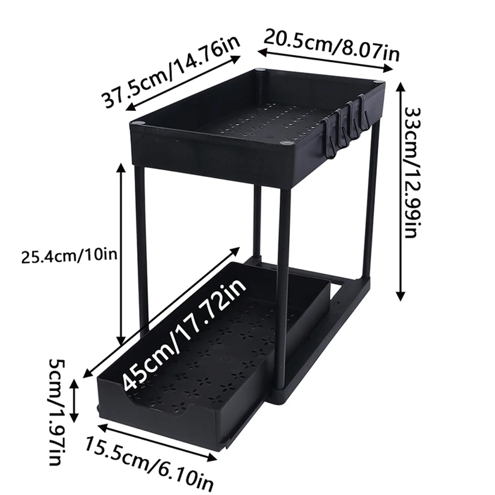 Under Sink Organizer Storage With Hooks 2-Tier Sliding Cabinet Basket Organizer Pull Out Sliding Drawer for Bathroom Kitchen Zpaxo Black